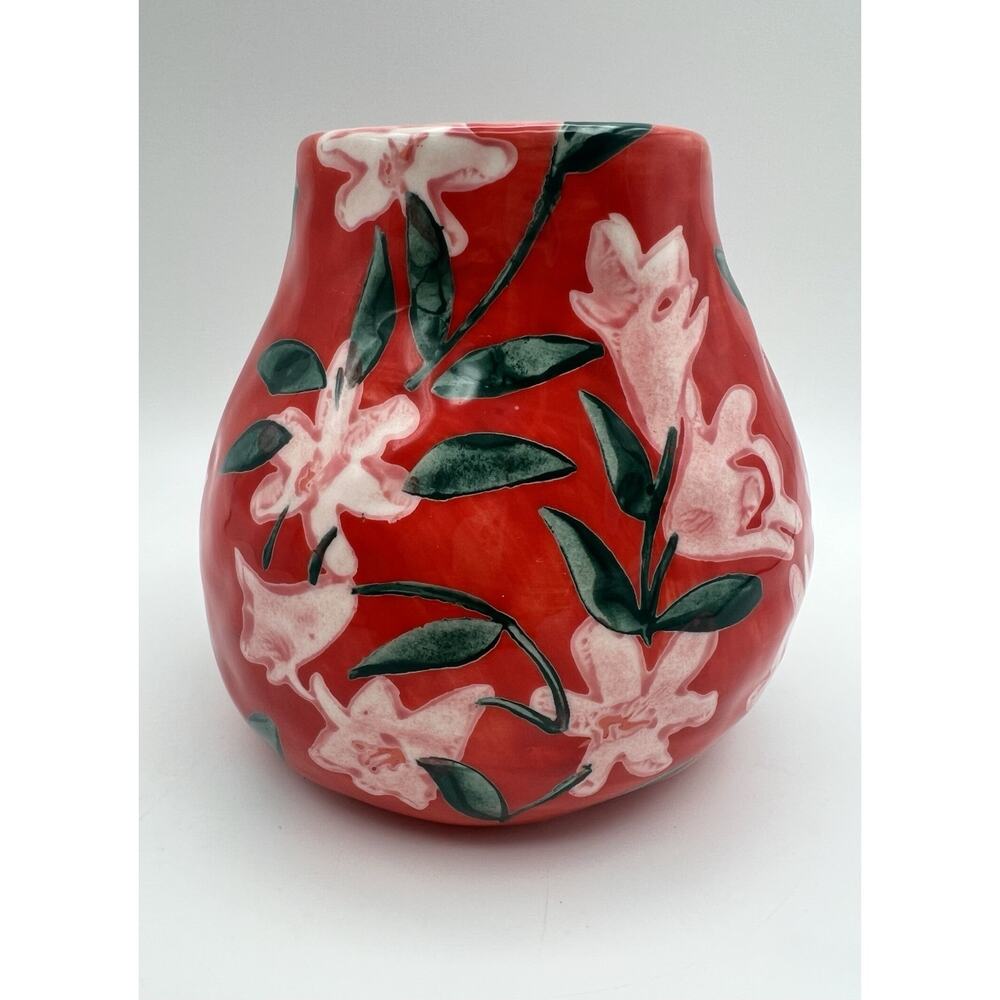 Anthropologie Red Floral Ceramic Vase with Green Leaves